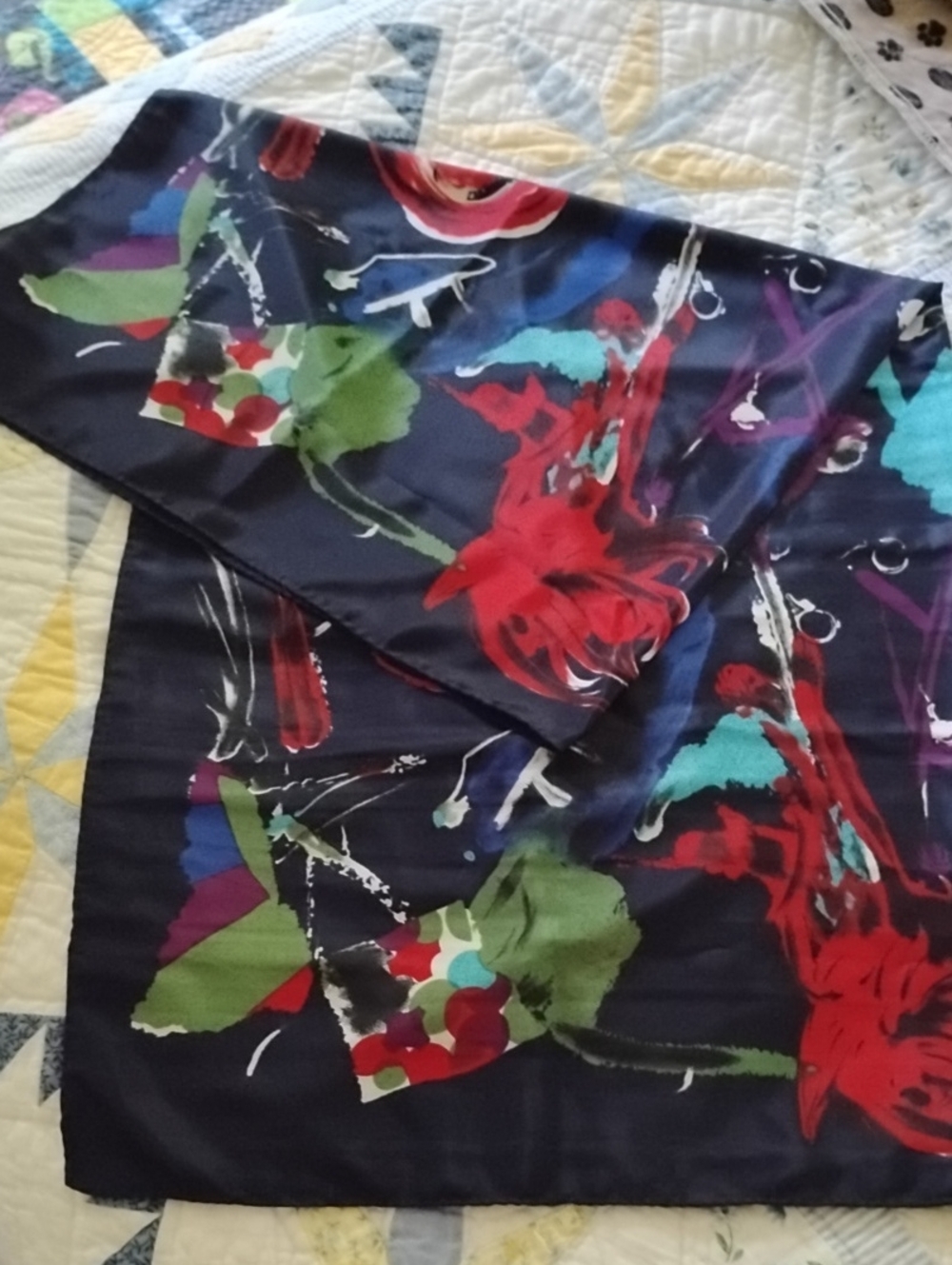 Silk-Look Abstract Floral Italian Scarf in Navy with Red & Teal